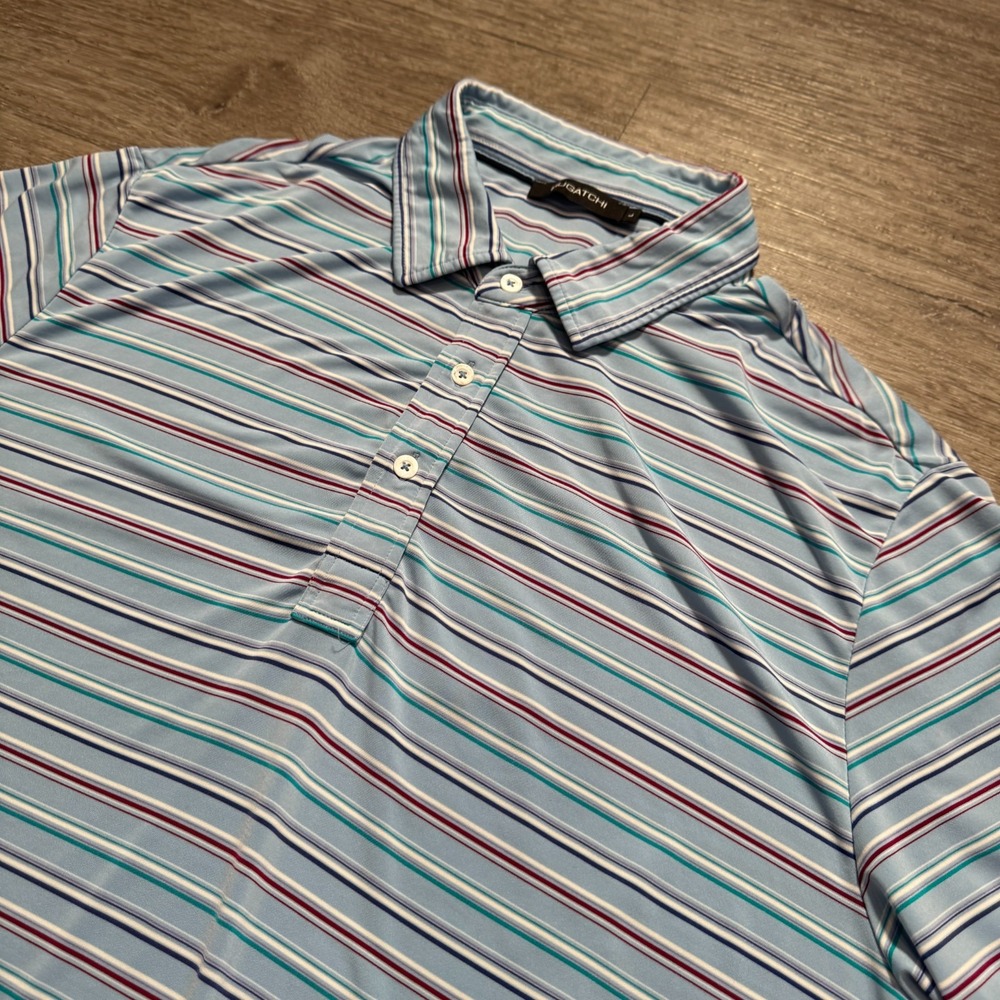 Bugatchi Shirt Mens L Blue Polyester Striped Golf Performance Summer Preppy Polo